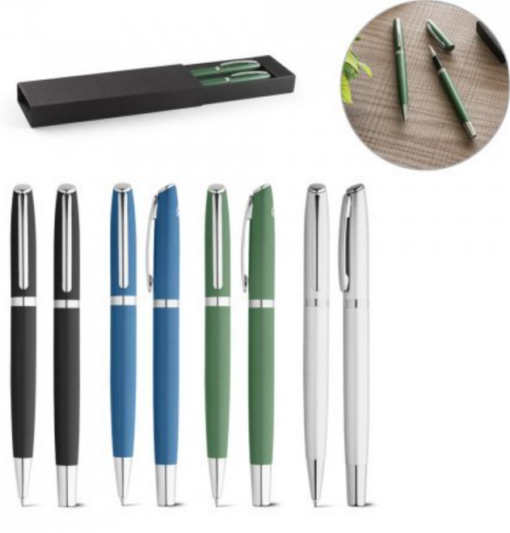Re-Lando sæt kuglepen og rollerballpen, i genanvendt aluminium, stor reduktion af energiforbruget i produktionsprocessen/undgår udledning af drivhusgasser.
