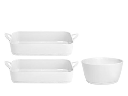 Pullivuyt Toulouse fadsæt, 2 stk. ovnfaste fade i hvid porcelæn, 31 x 18 x 6,5 cm, der kan stå ved siden af hinanden i ovnen og elegant, høj skål på 19,5 cm