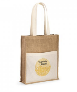 Jute taske Braga indkøbspose, - (240 g/m²) med 65 cm håndtag og en front 100% bomuld lomme (140 g/m²). 370 x 410 x 100 mm | Lomme: 370 x 270 mm. FSC mærket.