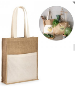 Jute taske Braga indkøbspose, - (240 g/m²) med 65 cm håndtag og en front 100% bomuld lomme (140 g/m²). 370 x 410 x 100 mm | Lomme: 370 x 270 mm. FSC mærket.