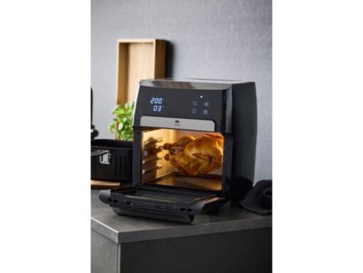Holm Airfryer 12 L, Airfryer-ovn 12 liter. I en airfryer tilberedes maden med cirkulerende varm luft i stedet for fritureolie, og fritterne får sprød og crispy overflade helt uden eller med meget små mængder olie.