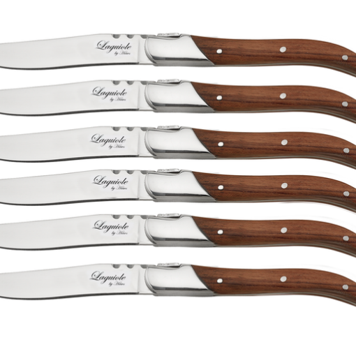 Laguiole steak bestik i 2 materialer Steakknive eller gafler er med håndtag af i enten rosewood eller sort træ. Perfekt til grillaften med venner og familie