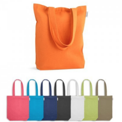 Taske Merida af genbrugsbomuld. Taske af bomuld (50%), genbrugsbomuld (30%) og genanvendt polyester (20%) (220 g/ m²) med 62 cm håndtag. 380 x 400 x 100 mm.