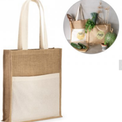 Jute taske Braga indkøbspose, - (240 g/m²) med 65 cm håndtag og en front 100% bomuld lomme (140 g/m²). 370 x 410 x 100 mm | Lomme: 370 x 270 mm. FSC mærket.