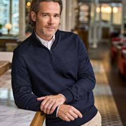 Tee Jays Half zip herre model, Denne Half Zip strik er lavet i en førsteklasses italiensk merino/polyakryl blanding. 3 farver, Sort, Navy og Grå Melange