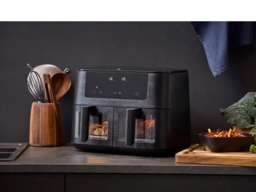 Holm dobbelt Airfryer 9L, Dobbelt airfryer med to skuffer, så du enten kan tilberede dobbelt portion eller to forskellige retter samtidig. 9 programmer,