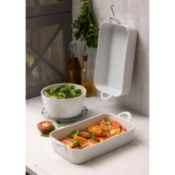 Pullivuyt Toulouse fadsæt, 2 stk. ovnfaste fade i hvid porcelæn, 31 x 18 x 6,5 cm, der kan stå ved siden af hinanden i ovnen og elegant, høj skål på 19,5 cm