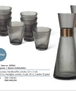 Rosendahl mounthblown karaffel og glas, en flot pakke som passer ind rigtig mange steder. Servér iskoldt, vand fra den elegante Grand Cru Nouveau serie