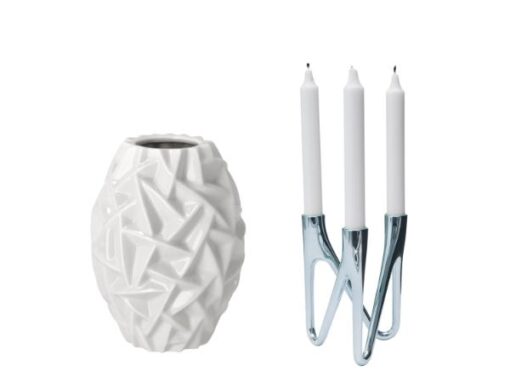 Morsø Willow & Roots sæt, Den smukke Willow vase er 21 cm høj, og den forkromede Roots lysestage har 3 arme. Passer flot ind mange steder