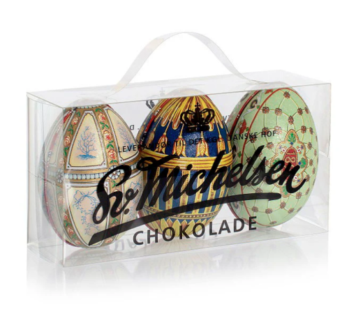 Sv. Michelsen æske med 3 Fabergé-æg, med 3 af vores tidligere års Fabergé-æg, med 9 fyldte æg i hver, lavet af vores lækre Fairtrade chokolade,