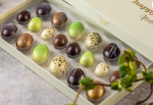 Xocolatl Golden eggs art 20, 20 fyldte chokolader med citron, lakrids, flødekaramel, saltkaramel, nougat, mint og hasselnøddekaramelCa. 184 gr