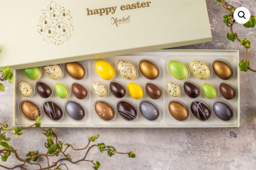 Xocolatl Golden eggs art 10, 10 fyldte chokolader med citron, lakrids, flødekaramel, saltkaramel, nougat, mint og hasselnøddekaramelCa. 92 gr.