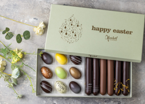 Xocolatl Golden eggs art 9 marzipan, 9 fyldte chokolader og 6 marcipanstænger med nougat, cognac og ren marcipan.Ca. 325 gr.