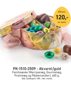 Påskegave akvarel og guld økologisk marcipanæg , denne flotte påske æske kommer med økologisk marcipanæg og luksus chokolade på hele 500 g. .