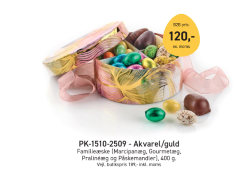 Påskegave akvarel og guld økologisk marcipanæg , denne flotte påske æske kommer med økologisk marcipanæg og luksus chokolade på hele 500 g. .