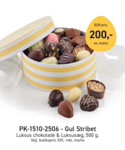 Påskegave gul stribet familieæske luksus chokolade , denne flotte påske æske kommer med luksus chokolade og luksusæg med hele 500 g. .