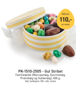 Påskegave gul stribet familieæske, denne flotte påske æske kommer med 4 forskellige smage og passer perfekt til påske.  400 g.