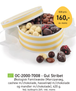 Påskegave gul stribet familieæske, denne flotte påske æske kommer med 4 forskellige smage og passer perfekt til påske.  420 g.