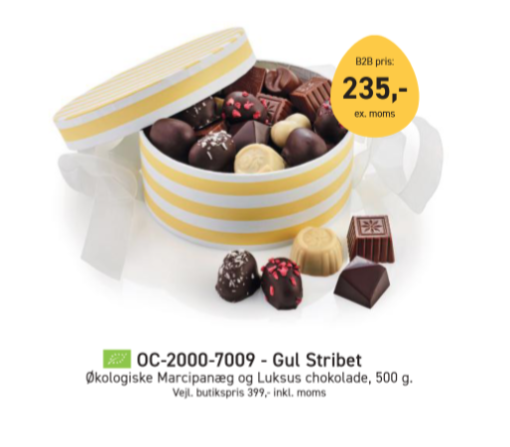 Påskegave gul stribet æske økologisk marcipanæg , denne flotte påske æske kommer med økologisk marcipanæg og luksus chokolade på hele 500 g. .