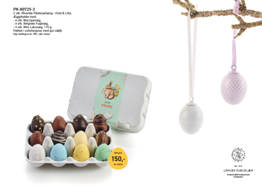 Bon Coca Rhombe påskeophæng og marcipanæg, dette flot sæt tilbydes i 3 variation porcelæns og chokoladeæg . Kommer som et enkelt æg, eller begge farver