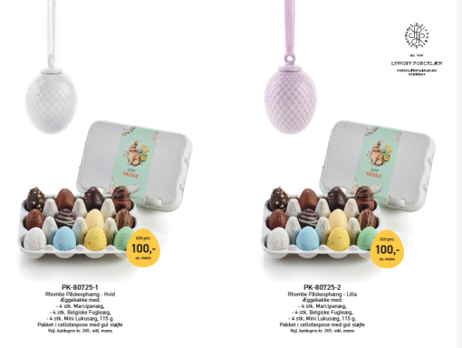 Bon Coca Rhombe påskeophæng og marcipanæg, dette flot sæt tilbydes i 3 variation porcelæns og chokoladeæg . Kommer som et enkelt æg, eller begge farver
