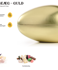 Strudsæg i guld 2 muligheder flot æg flyd med lækker påskemix eller familieblanding chokolade. Her er lidt til enhver smag og perfekt til deling.  