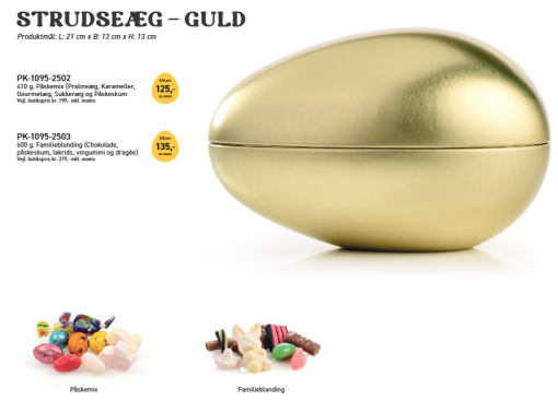 Strudsæg i guld 2 muligheder flot æg flyd med lækker påskemix eller familieblanding chokolade. Her er lidt til enhver smag og perfekt til deling.  