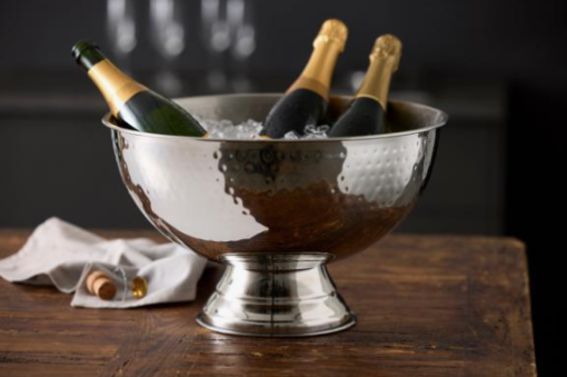 Funktion champagnebowl el. køler, Champagnekøler på fod elegante eller champagnekøler er fremstillet af rustfrit stål med en flot hamret overflade,