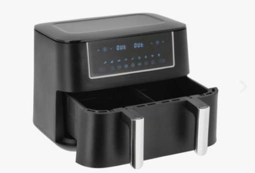 Nordic sense Dobbelt airfryer, på 9,4 liter, til lækker og sprød mad med mindre olie. Skuffen har et praktisk skillerum, for tilberede af flere retter