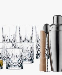 Lyngby Glas melodia Cocktail m barsæt, 4 stk. Melodia whiskyglas, 4 stk. Melodia highballglas og et lækkert barsæt i rustfrit stål og bøgetræ