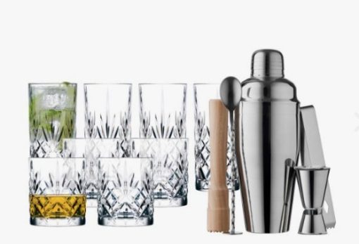 Lyngby Glas melodia Cocktail m barsæt, 4 stk. Melodia whiskyglas, 4 stk. Melodia highballglas og et lækkert barsæt i rustfrit stål og bøgetræ