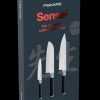Fiskars knivsæt 3 dele, består af 1 japanske urteknive, en santoku-kniv med luftskær, Kokkekniven en universalkniv, et stærkt blad, ideel til skæreopgaver
