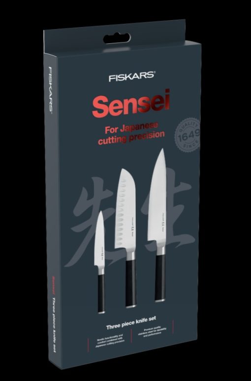 Fiskars knivsæt 3 dele, består af 1 japanske urteknive, en santoku-kniv med luftskær, Kokkekniven en universalkniv, et stærkt blad, ideel til skæreopgaver