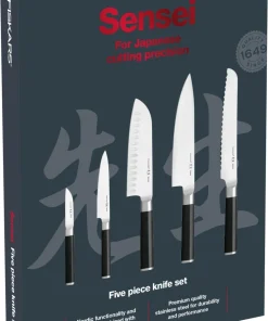 Fiskars knivsæt 5 dele, 2 japanske urteknive, en santoku-kniv med luftskær, en kokkekniv og en brødkniv. Sensei urte- og kæreleknivene ideelle til detaljer