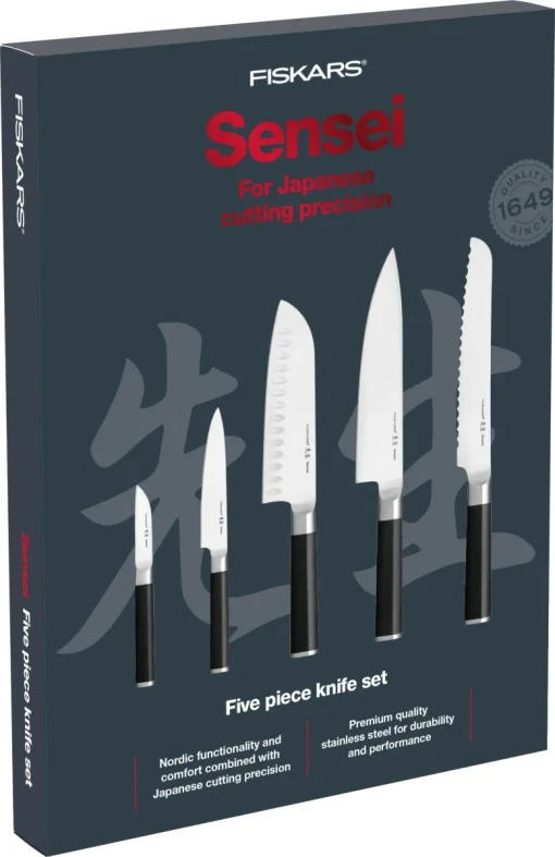 Fiskars knivsæt 5 dele, 2 japanske urteknive, en santoku-kniv med luftskær, en kokkekniv og en brødkniv. Sensei urte- og kæreleknivene ideelle til detaljer